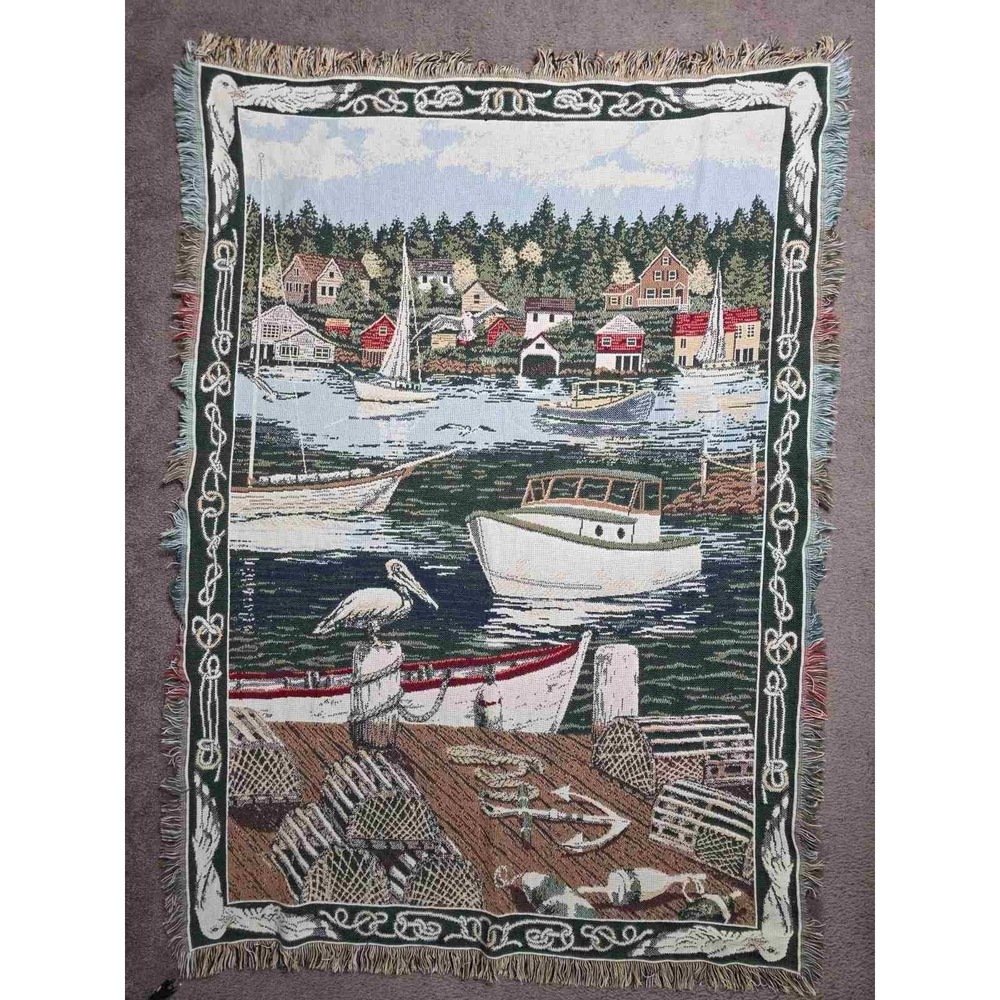 Goodwin Weavers‎ Throw Blanket Fringed Lake Boats Fishing 100% Cotton Made USA